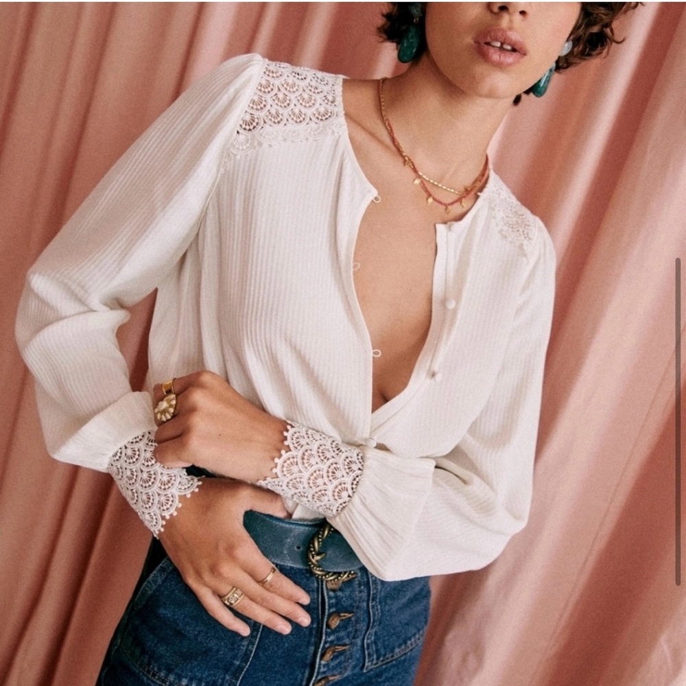 Rare Sezane Clem White Ecru Blouse with Lace Cuffs